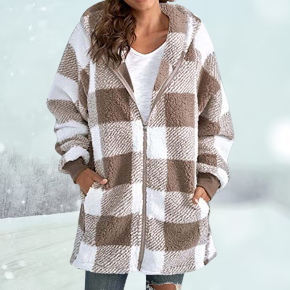 Ava Women's Hooded Jacket | Plush Checked Design 1