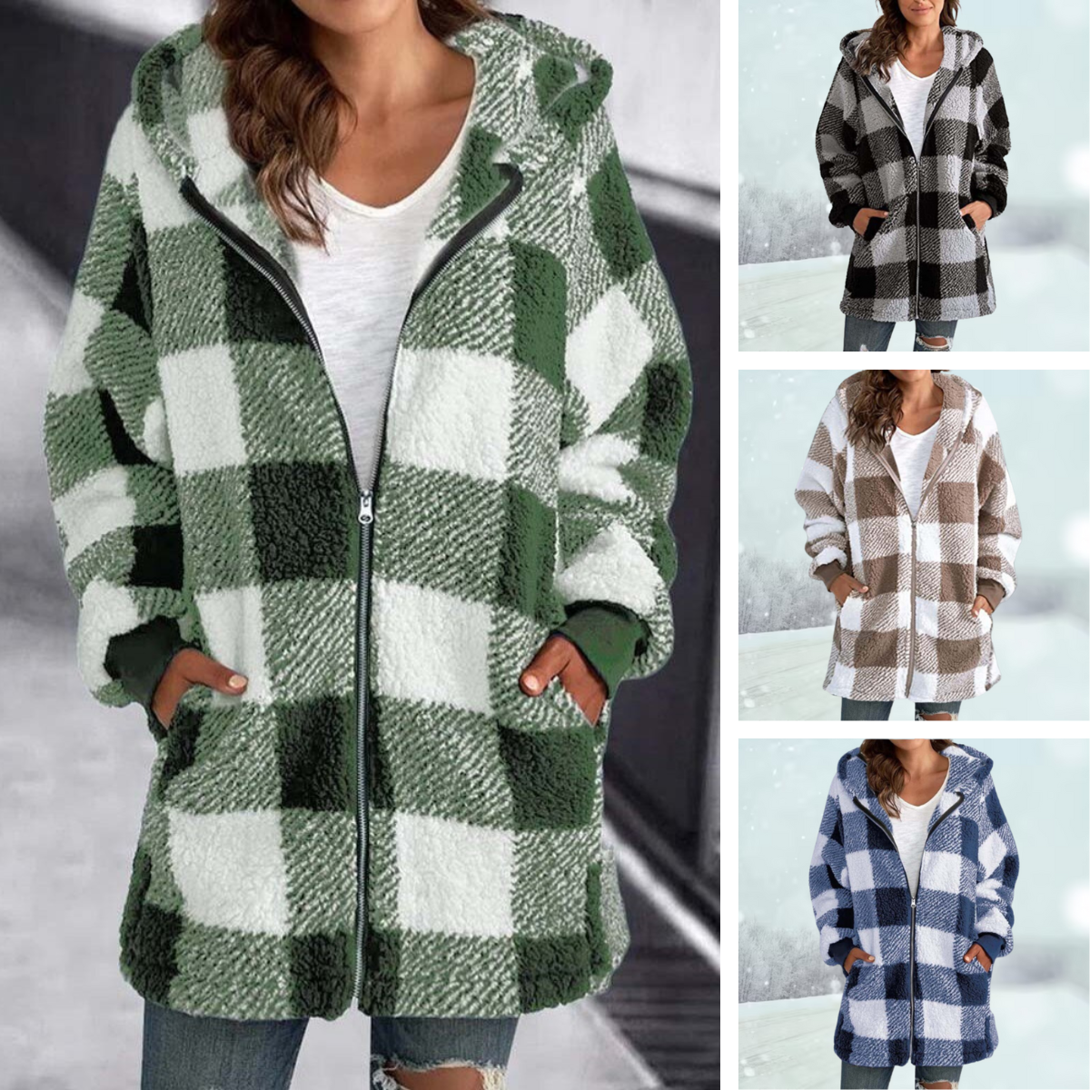Ava Women's Hooded Jacket | Plush Checked Design 7