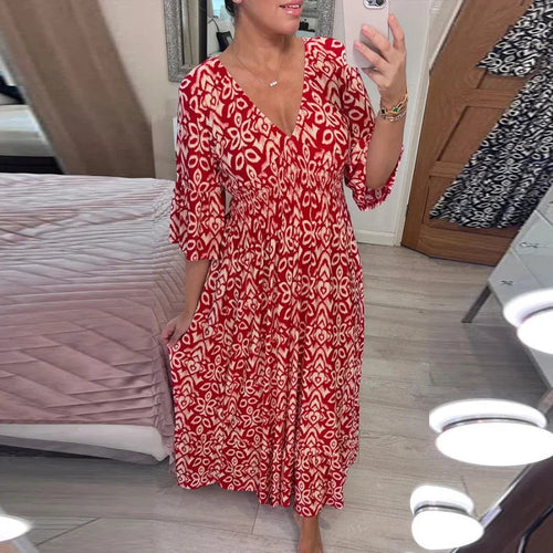 Bella Women's Midi Dress | Boho V-Neck, 3/4 Sleeves 0