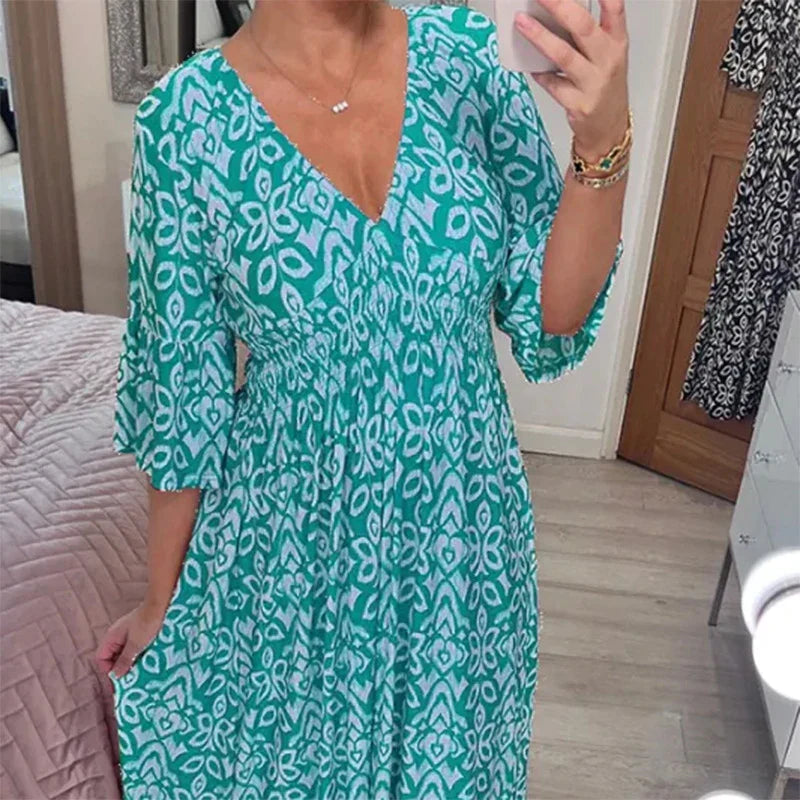 Bella Women's Midi Dress | Boho V-Neck, 3/4 Sleeves 2