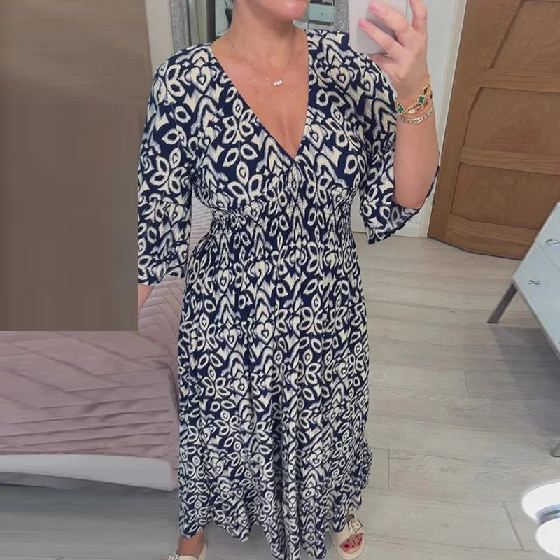 Bella Women's Midi Dress | Boho V-Neck, 3/4 Sleeves 4