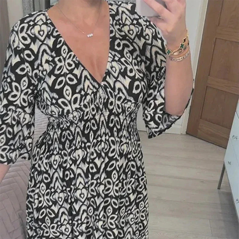 Bella Women's Midi Dress | Boho V-Neck, 3/4 Sleeves 6