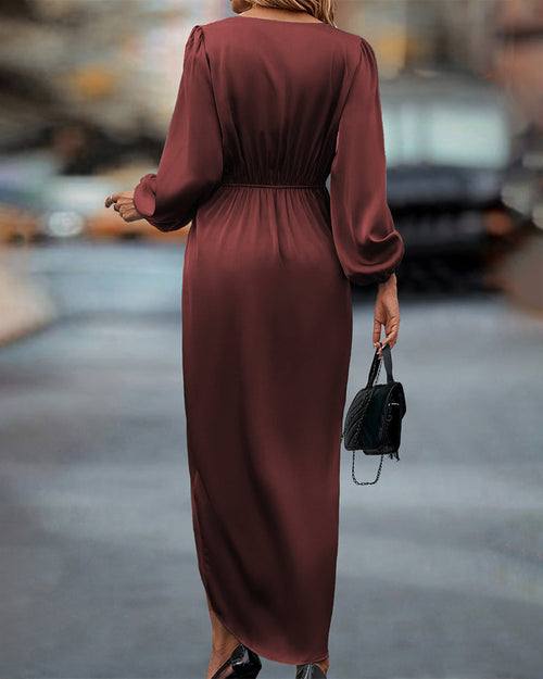 Bella Women's Midi Dress | Elegant Burgundy, Lantern Sleeves 1
