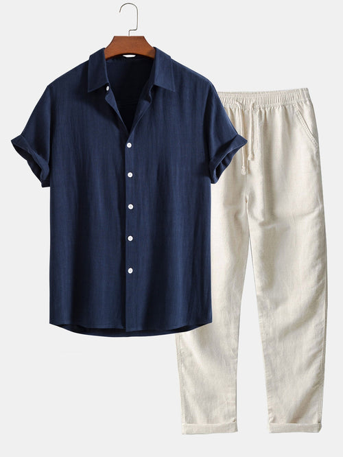 Breezy Men's Summer Set | Short Sleeve Blouse & Linen Trousers 1