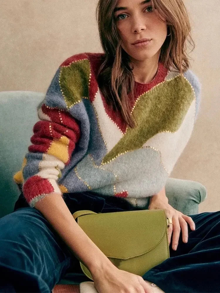 Eli Women's Cardigan | 100% Mongolian Wool, Colorful Patchwork 2