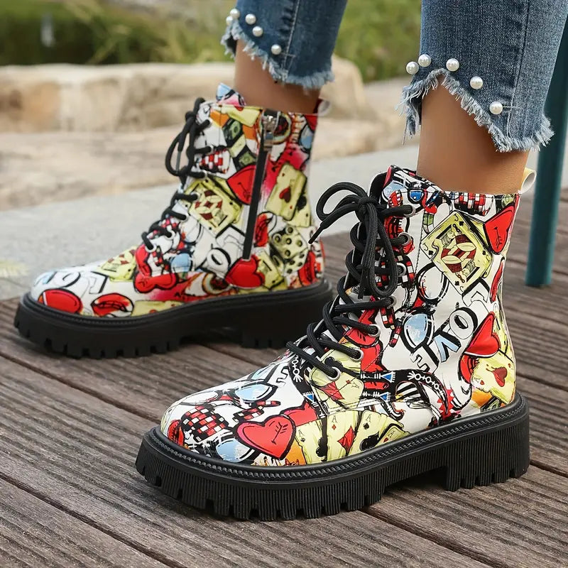 Funky Cartoon Print Ankle Boots | Low Heel, Easy Zip Closure 0
