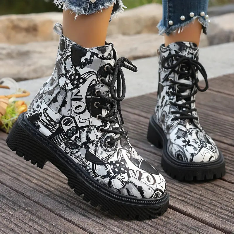 Funky Cartoon Print Ankle Boots | Low Heel, Easy Zip Closure 2