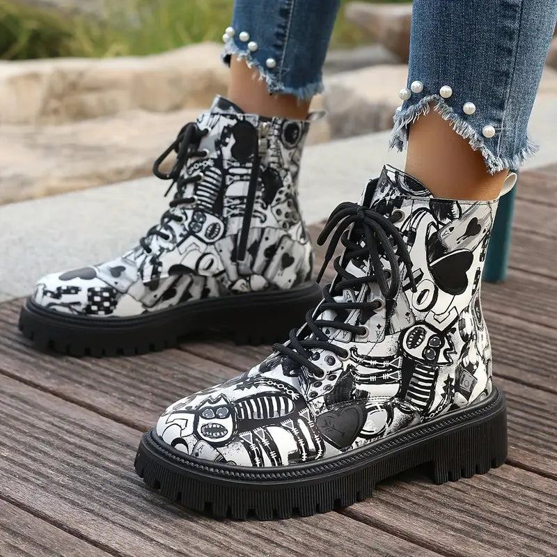Funky Cartoon Print Ankle Boots | Low Heel, Easy Zip Closure 3