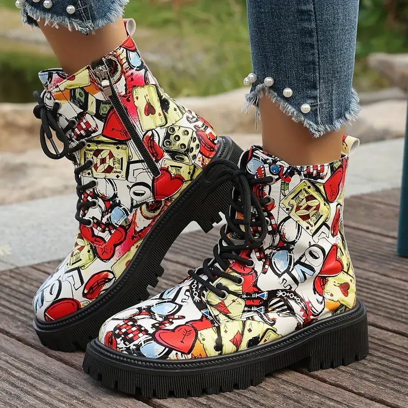 Funky Cartoon Print Ankle Boots | Low Heel, Easy Zip Closure 4