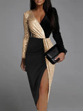 Gleam Women's Cocktail Dress | V-Neck, Long Sleeves, Gold Sequins 0