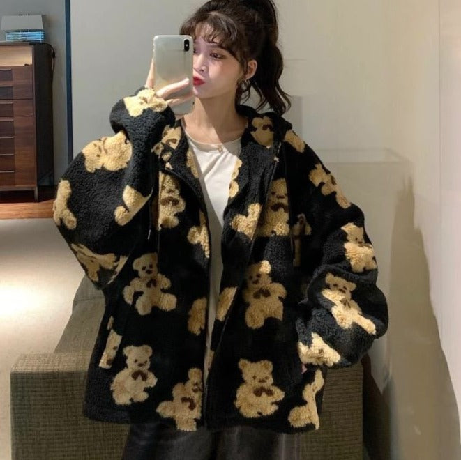 Hara Women's Jacket | Plush Teddy Print, Hooded Cozy Style 1