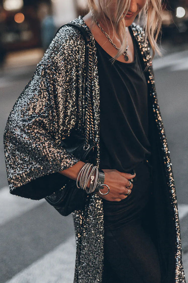 Lora Women's Coat | Shiny Sequin, Windproof Cardigan 0