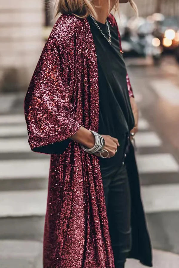 Lora Women's Coat | Shiny Sequin, Windproof Cardigan 2