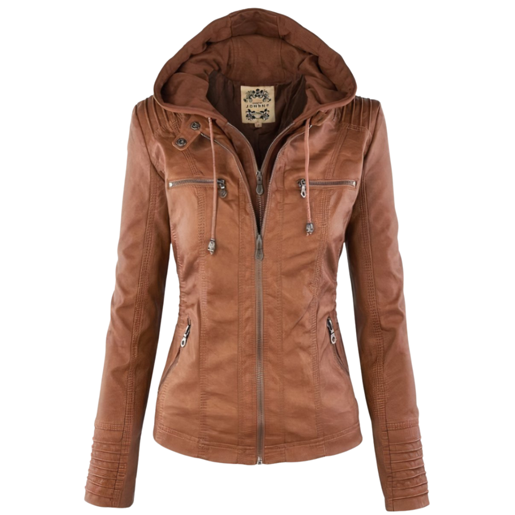 Cassia Hooded Moto Jacket in Brown