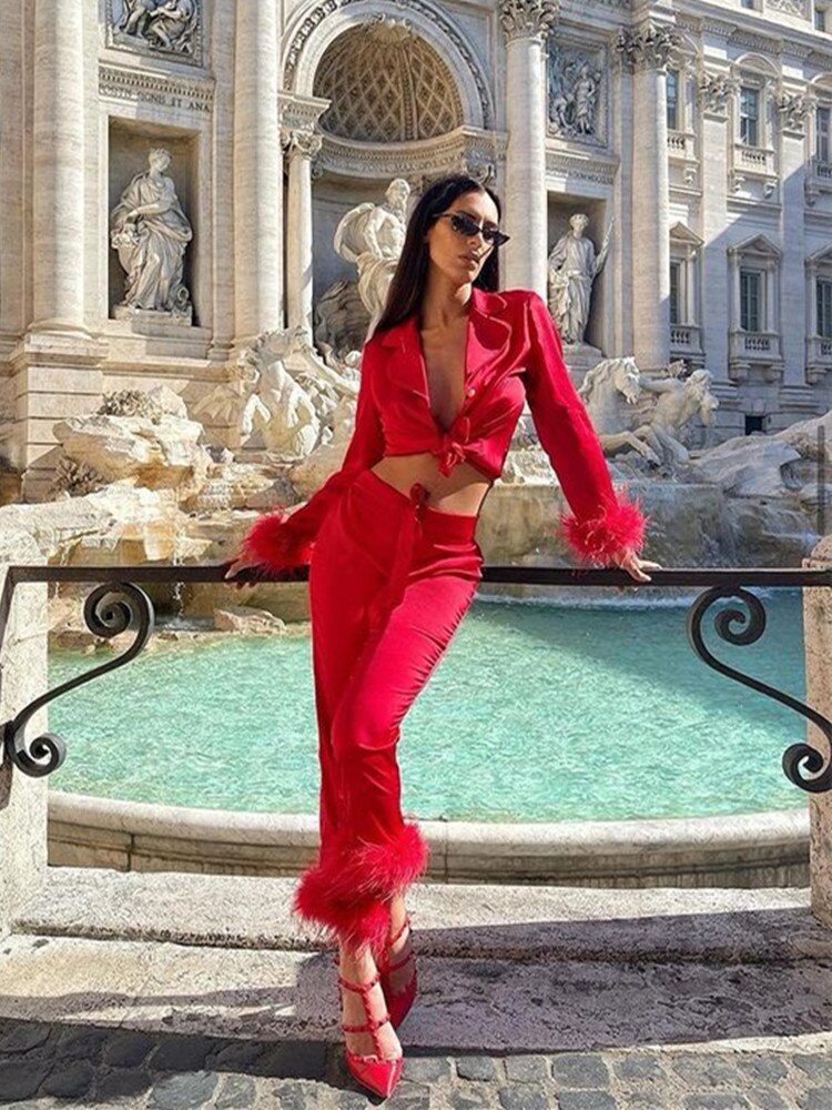 Tina Women's Two-Piece Set | Satin with Feather Details 8