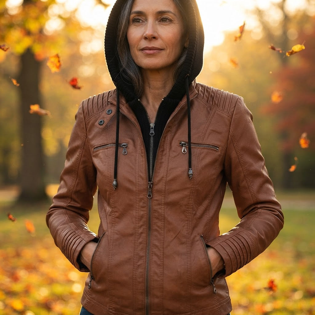 Cassia Hooded Moto Jacket close-up of shoulders and zip pockets