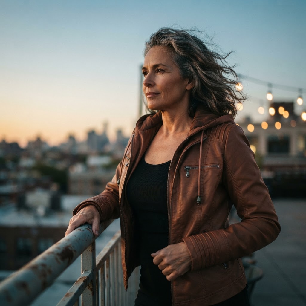 Cassia Hooded Moto Jacket worn on a rooftop at dusk