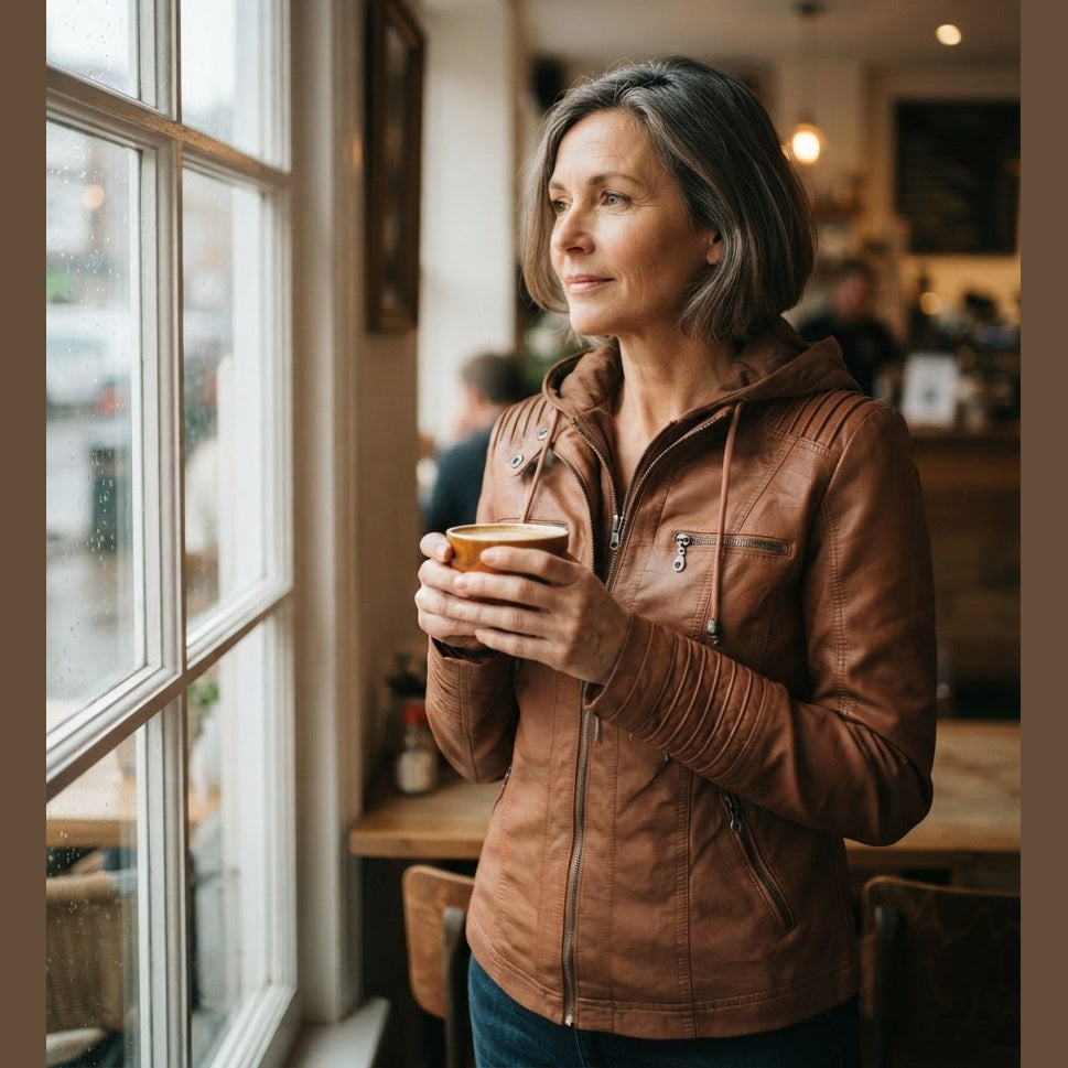 Cassia Hooded Moto Jacket worn by a cafe window