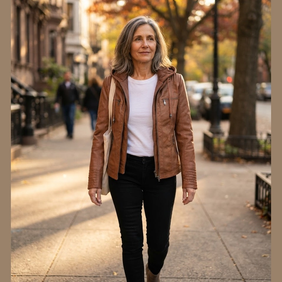 Cassia Hooded Moto Jacket worn on an autumn city walk