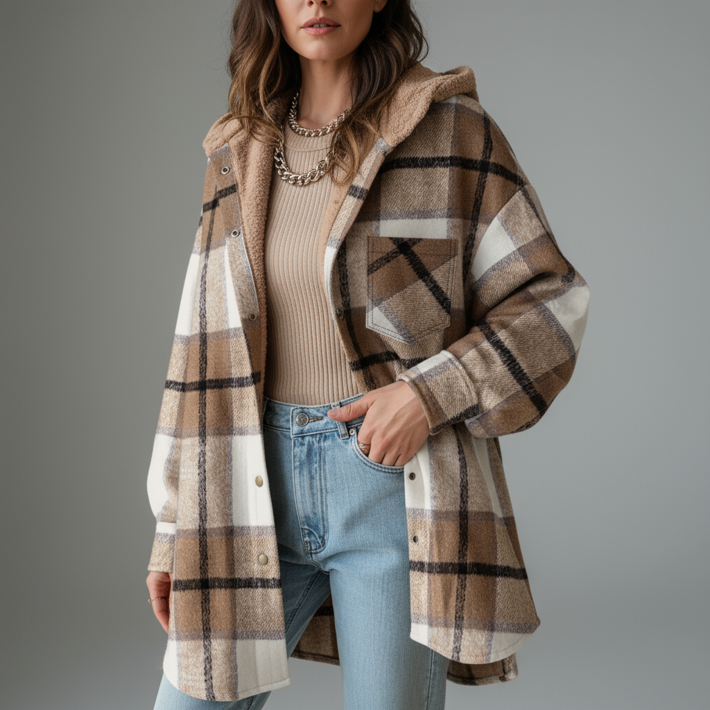 Hooded Plaid Flannel Jacket in Parchment