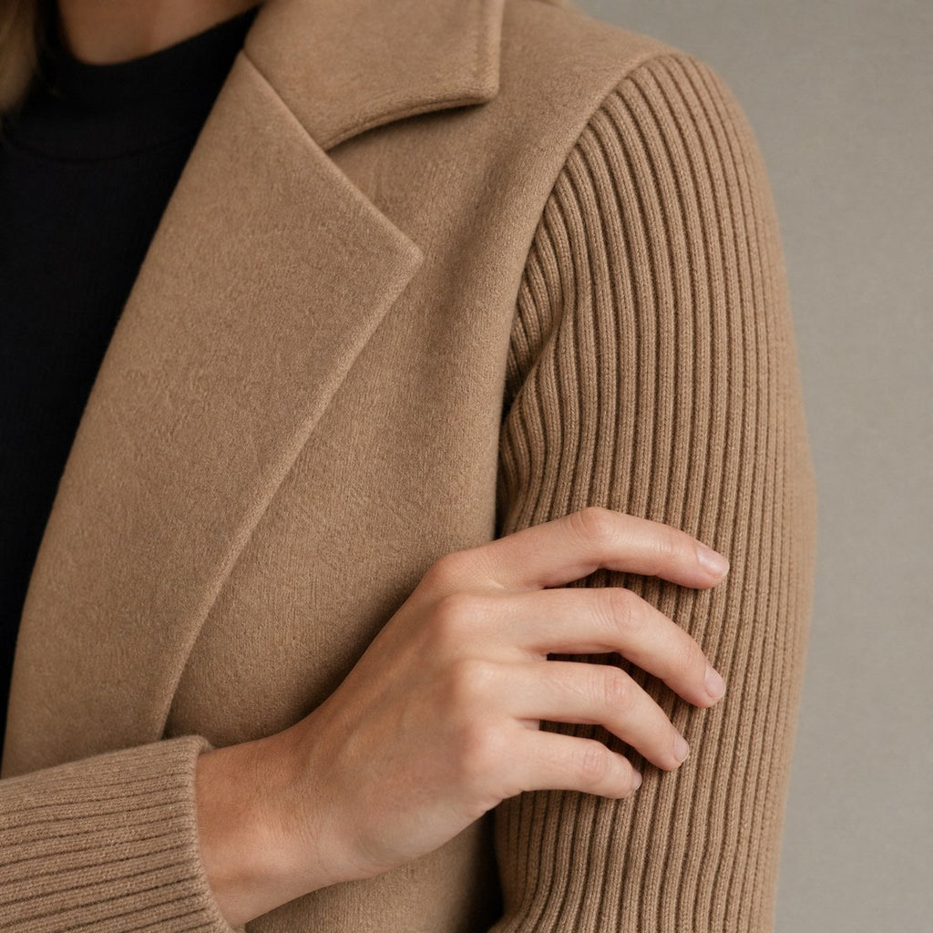 Close-up of woven body fabric and ribbed knit sleeve